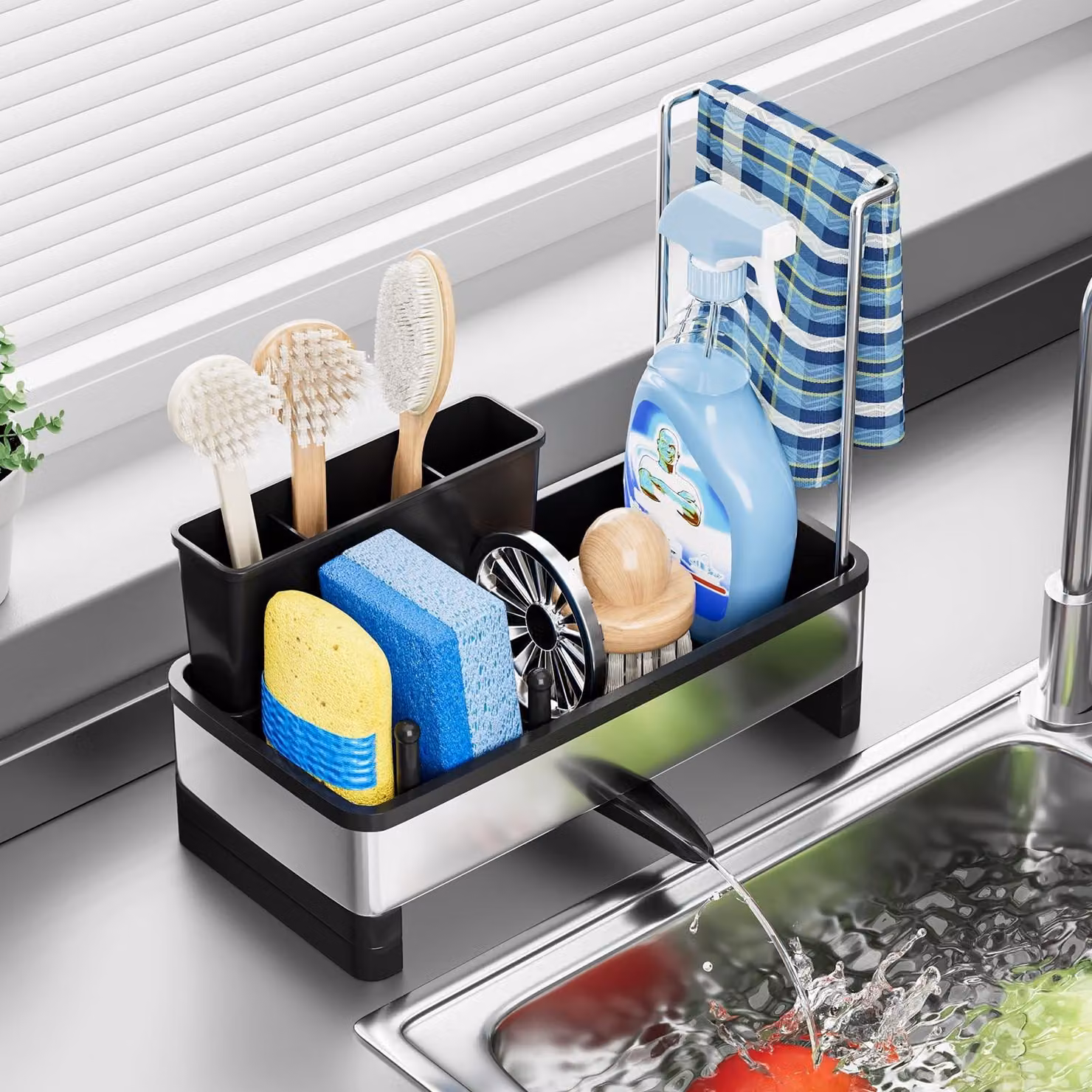 Organizzatore da cucina in acciaio inossidabile con sistema di scarico e porta asciugamani