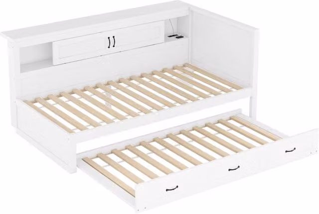 Divano letto bianco 90x200 cm con lettino estraibile, luci LED integrati, presa elettrica e USB, rete laterale contenitiva, senza materasso