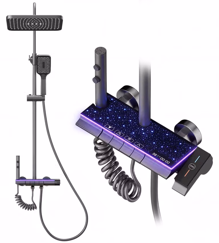 Pannello doccia con display a LED, 4 getti, altezza regolabile, colore grigio titanio