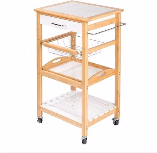Trolley da Cucina – Stile Scandi Moderne, Bambù e MDF, Con 4 Ruote, Per Cucina, Sala da Pranzo, Salotto, Balcone