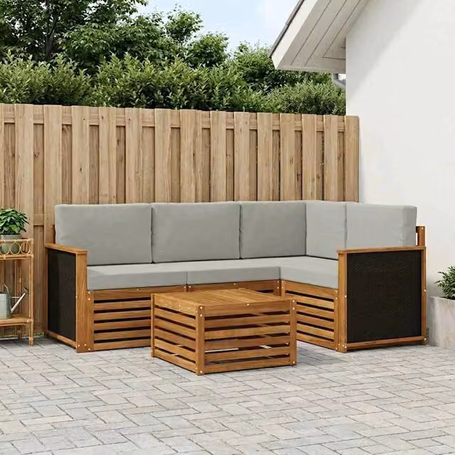 Set di divani da esterno a L vidaXL in legno di acacia con tavolo da caffè, colore marrone e grigio – 1