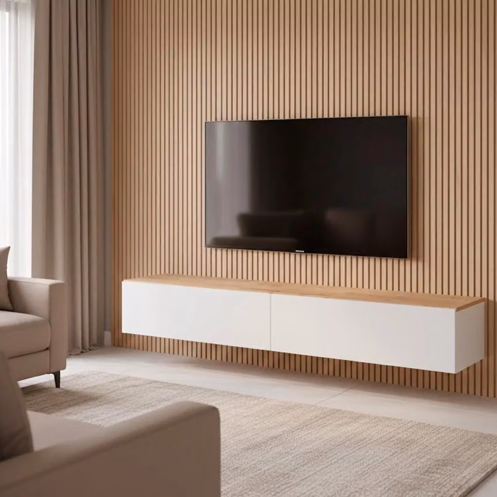 Mobile TV Sospeso Moderno con 2 Ante Push in Rovere e Bianco Opaco L: 180 cm, P: 34.5 cm, H: 28 cm – 2