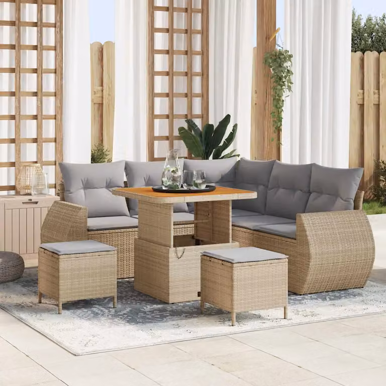 Set Divano da Giardino vidaXL 8 Pezzi a Forma di L con Tavolino e Pouf, Colore Beige e Grigio