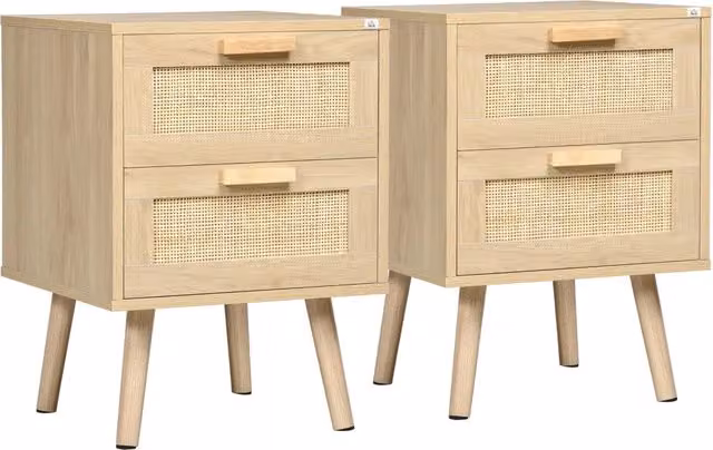 Comodino Set 2 Pezzi con 2 Cassetti Effetto Rattan ¨C Xylo ¨C Stile Boho Naturale 40x40x56cm