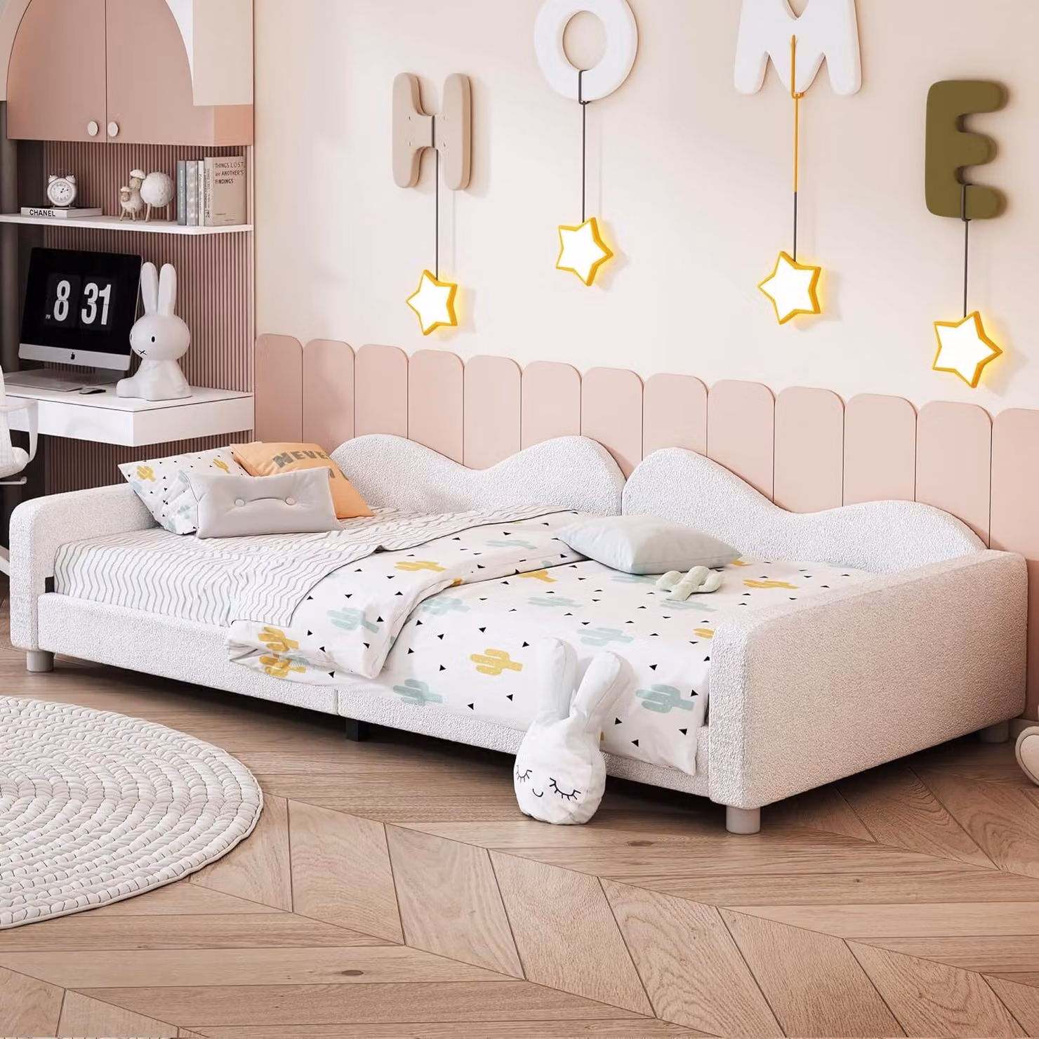 Letto imbottito Fortuna Lai 90*200cm, divano letto, struttura letto in morbido tessuto orsetto con schienale e braccioli il letto ideale per bambini e ospiti, bianco
