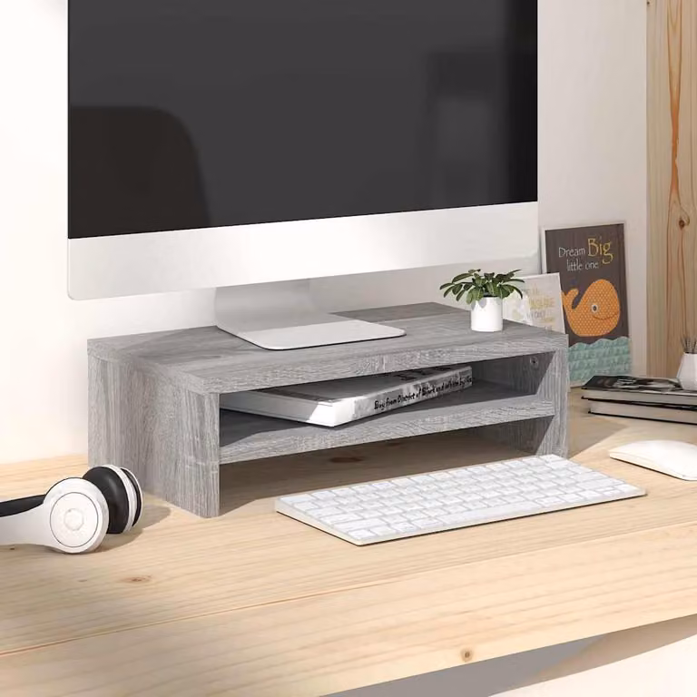 vidaXL Supporto per Monitor in Legno Multistrato e MDF Grigio Sonoma L: 42 cm, P: 24 cm, H: 13 cm