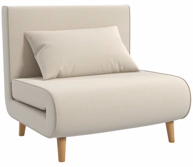 Divano letto Moonbite, con schienale regolabile in 6 posizioni, divano singolo con funzione letto, effetto lino, stile scandinavo, legno, color crema