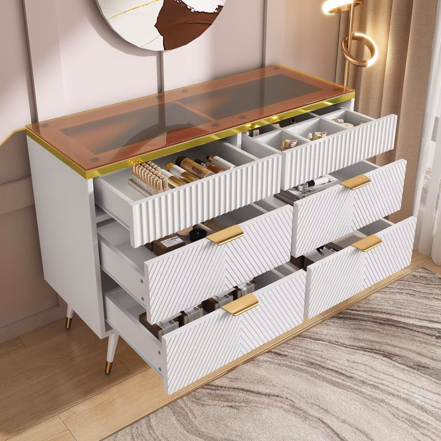 Comodino/Credenza con 6 cassetti, dimensioni 120x40x76 cm, colore bianco, ante in vetro color ambra