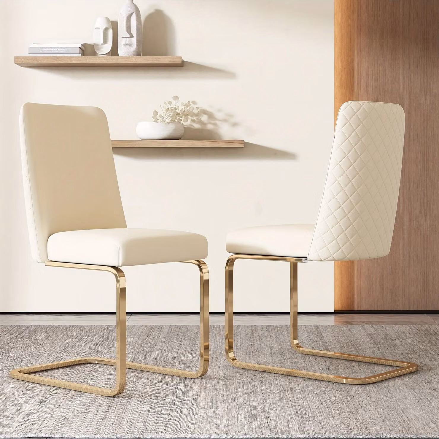 Set di 2 eleganti sedie da pranzo, con motivo a quadri e gambe in metallo dorato, color beige
