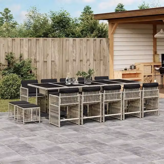 Set da pranzo da giardino vidaXL in polyrattan con cuscini e tavolo in vetro, 15 pezzi, Grigio Antracite