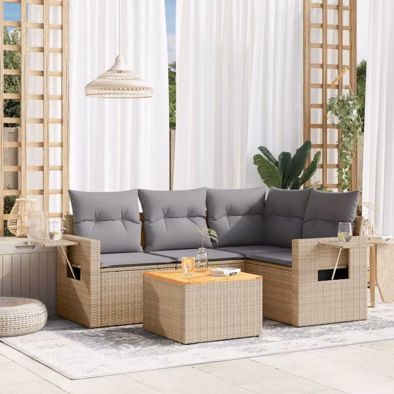 vidaXL Set Divano da Giardino 5 pz a L in Polyrattan con Cuscini Beige e Grigio e Tavolino da Esterno