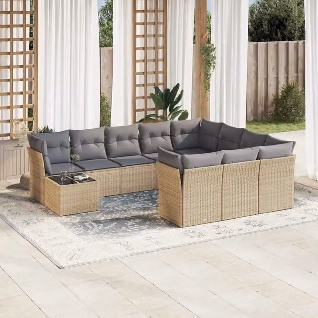 Set di Divani da Giardino VIDAXL in Polyrattan con Cuscini Beige, 11 Pezzi