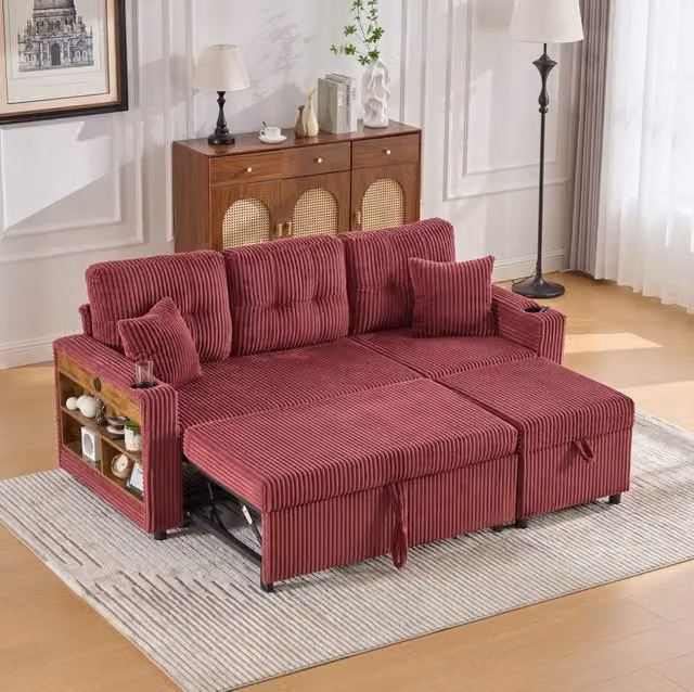 Divano letto ULEVR 196 cm in velluto a coste rosso vino con vano contenitore, LED e porta USB-C
