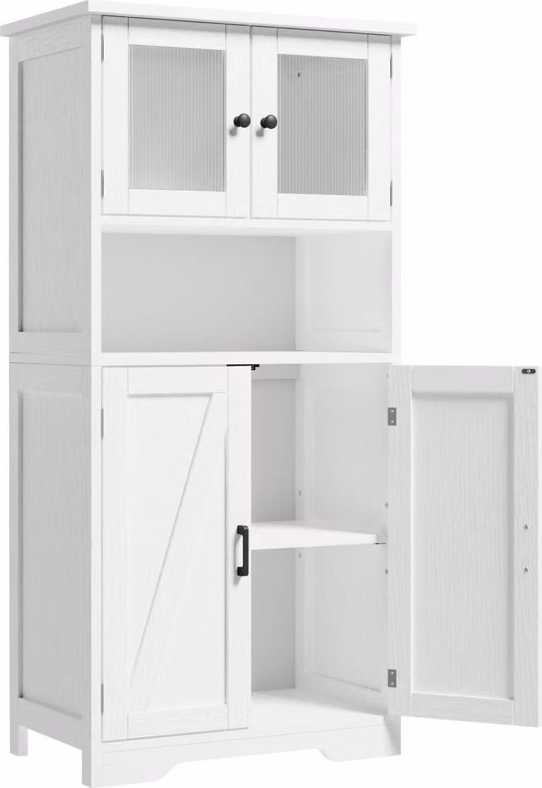 Armadio contenitore - Mobile da cucina indipendente - Ante in vetro - Ripiani regolabili - Legno massello - 1 m - Bianco