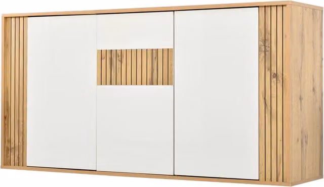 Madia Chicfurn moderna con 3 ante push to open e 6 vani, finitura bianco lucido e legno naturale, per soggiorno, L: 140 cm, P: 35 cm, H: 71 cm