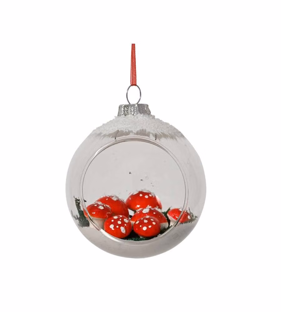 Decoris Sfera Natale Vetro Trasparente 8 cm Motivo Fungo Invernale