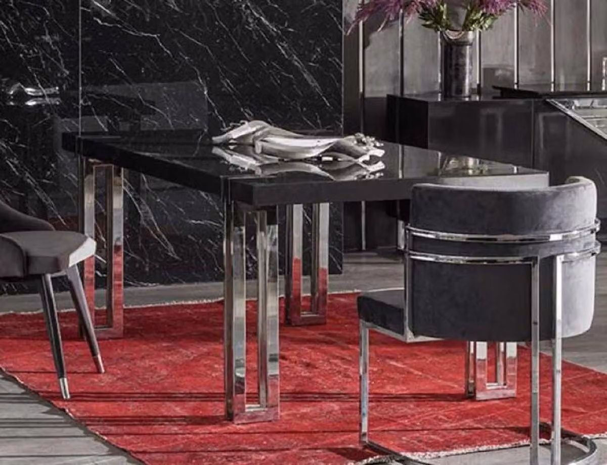 Casa Padrino tavolo da pranzo nero / argento 220 x 100 x h. 77 cm - Tavolo da cucina rettangolare con piano in legno massiccio e gambe in metallo - Mobili per sala da pranzo - Mobili per cucina - Mobili