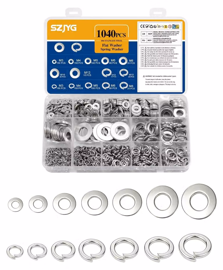 Set di rondelle, 1040 pezzi, da M3 a M12, in acciaio inossidabile, per fissaggi