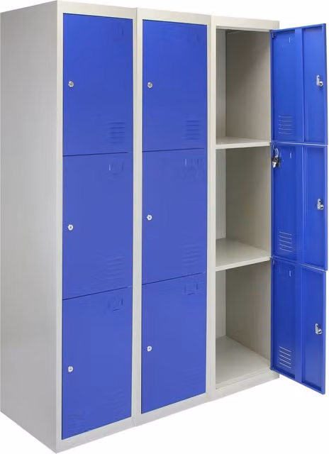 Set di 3 Armadietti in Metallo Monster Shop con 3 Ante a Battente, Colore Blu e Grigio, Ideali per Scuole e Palestre, H: 180 cm, L: 45 cm, P: 38 cm – 1