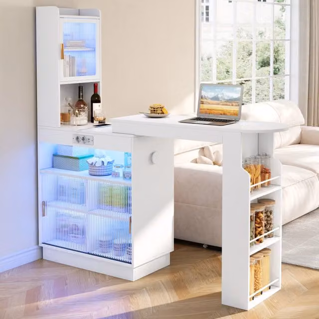 Bar allungabile e tavolo alto bianco con contenitore, credenza e mobile cucina ante vetro. LED app, presa, USB/USB-C. 131–170x40x170 cm