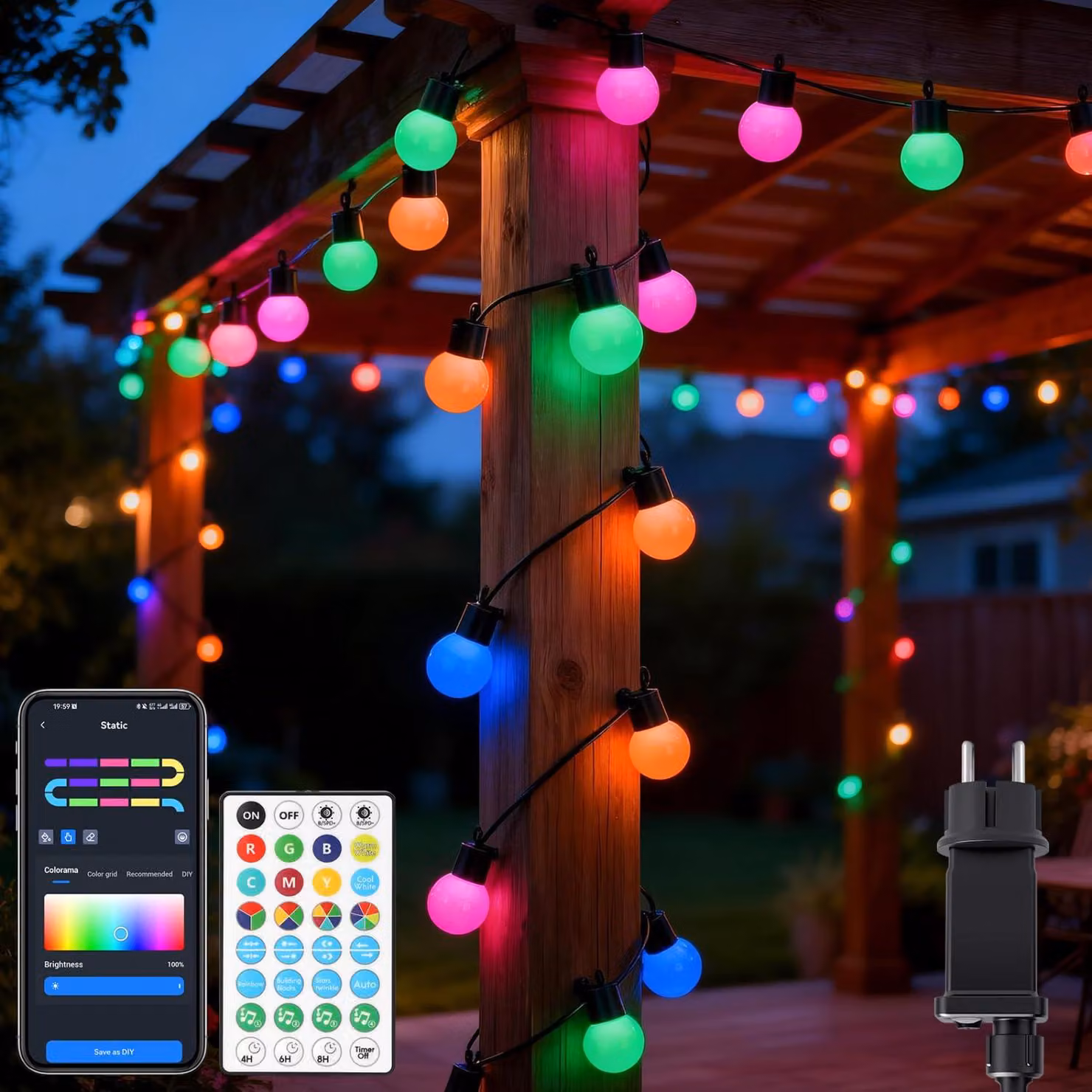 Catena luminosa RGBIC, 5 metri, 25 LED G45, controllo tramite app, grado di protezione IP44