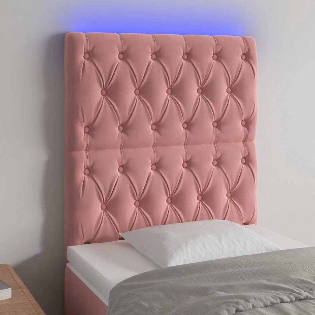 Testiera per letto vidaXL in velluto rosa con illuminazione LED e porta USB, L: 80 cm, P: 7 cm, H: 118-128 cm