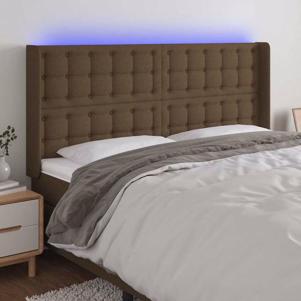 vidaXL Testiera per Letto Moderna in Tessuto Marrone con Illuminazione LED e Porte di Ricarica USB L: 163 cm, P: 16 cm, H: 118/128 cm – 1