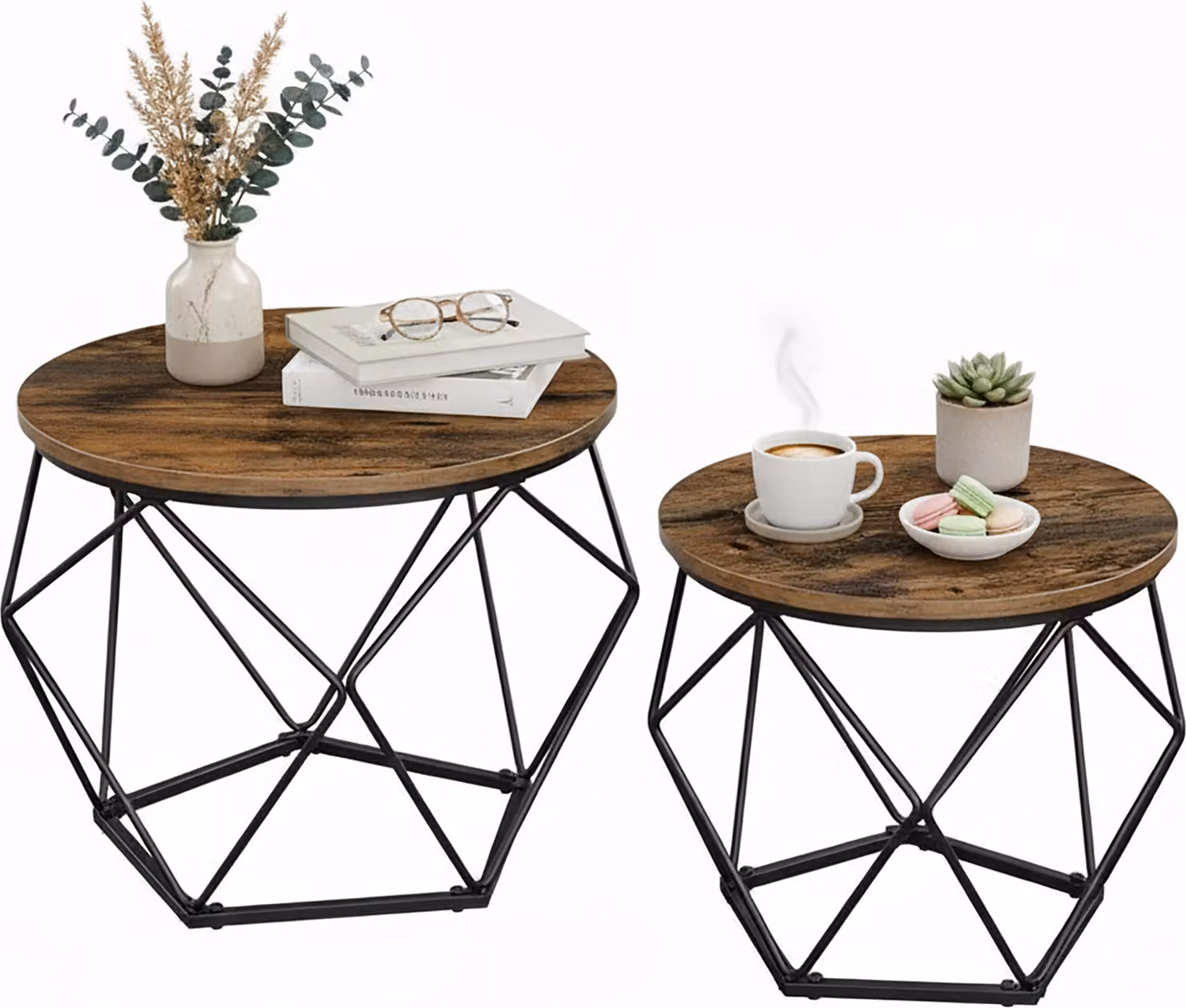 Tavolino Relaxdays, set da 2, effetto legno e metallo, design industriale, tavolini rotondi, soggiorno, marrone/nero