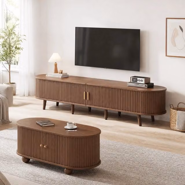 Set mobile TV e tavolino con cassetti e ripiano aperto in MDF noce