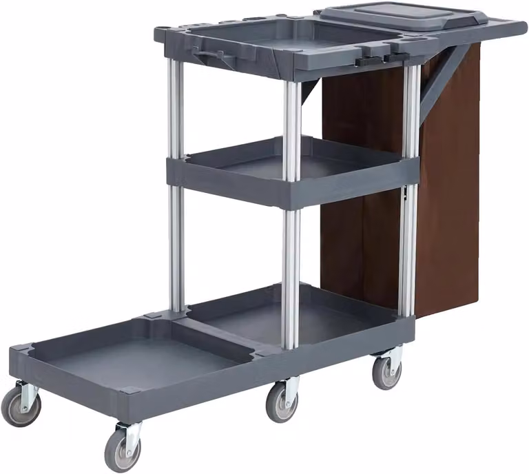 Carrello di pulizia, dimensioni 95 cm x 49 cm x 22 cm, capacità di carico 136 kg, 3 ripiani, volume contenitore 95 litri, 6 ruote girevoli