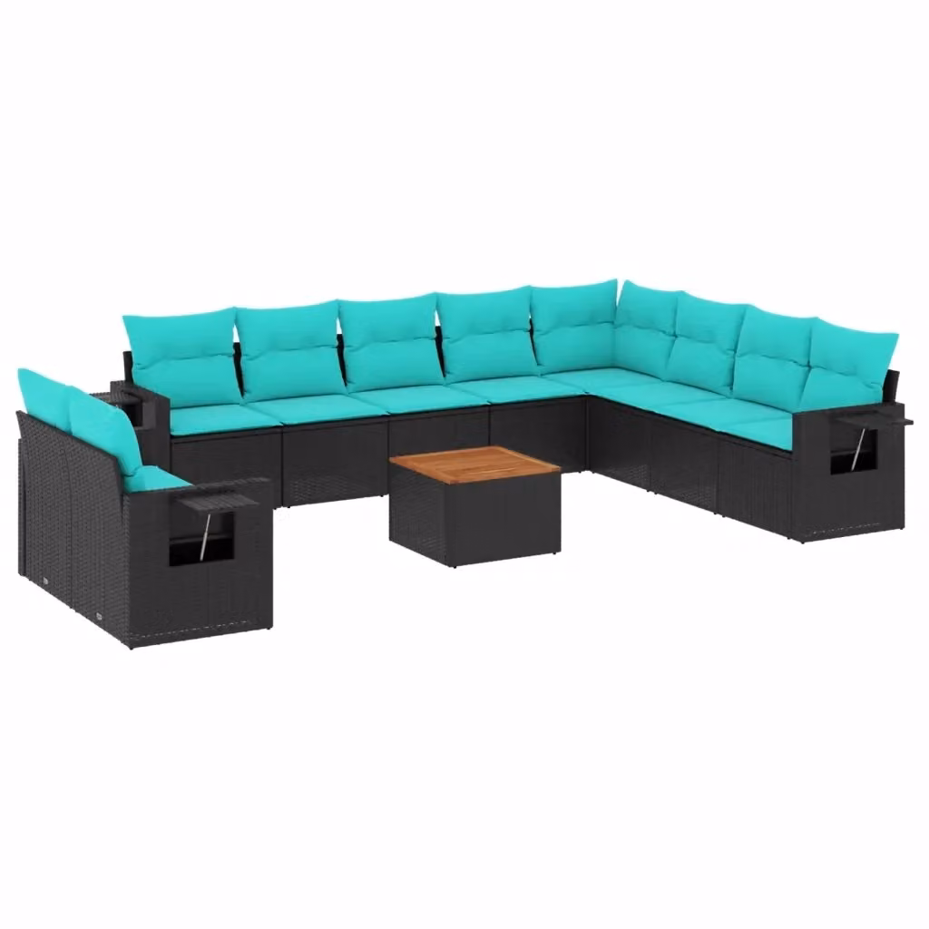 Set di divani da giardino vidaXL a forma di U composto da 11 pezzi in polyrattan con cuscini e tavolino da esterno nero e blu turchese – 2