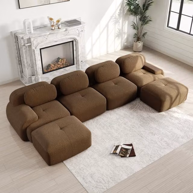 Divano angolare modulare OKWISH in tessuto a coste marrone con braccioli curvi e schiuma 32D
