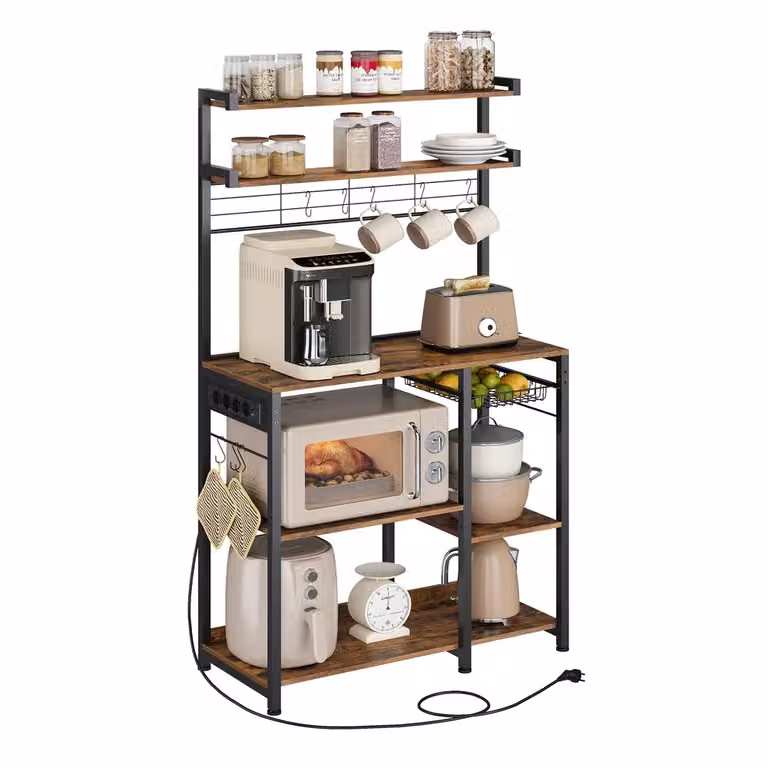 Scaffale da Cucina con Prese di Corrente Ganci a S, Marrone Vintage + Nero Inchiostro