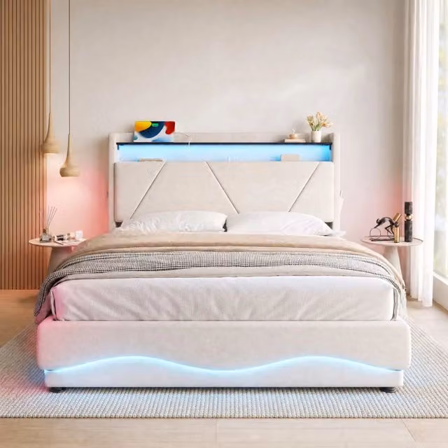 Letto matrimoniale MODFU in velluto beige con contenitore, illuminazione LED, porta USB e ripiani, L/P: 140 x 200 cm