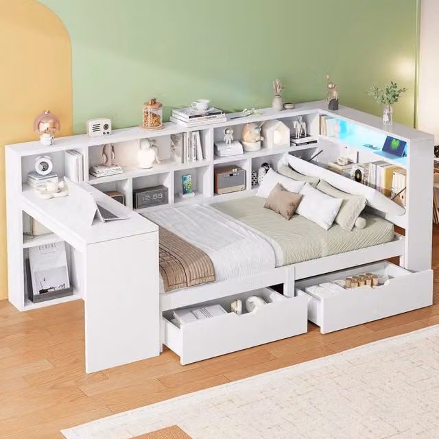 Letto singolo a piattaforma 90 × 200 cm con scrivania libreria LED testiera imbottita MDF compensato bianco