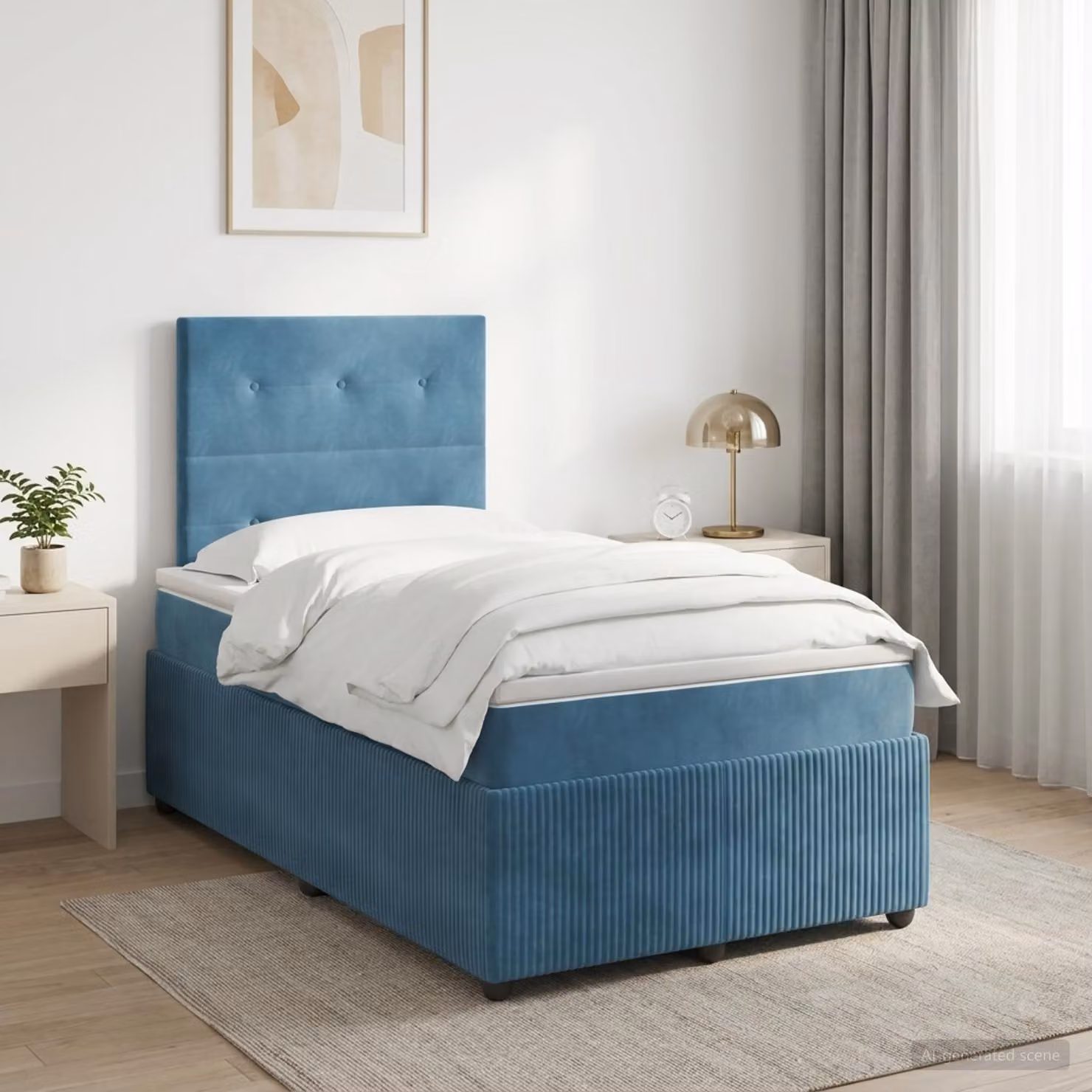 Letto matrimoniale con boxspring e materasso, imbottitura in velluto, con testiera blu, dimensioni 120 x 190 cm