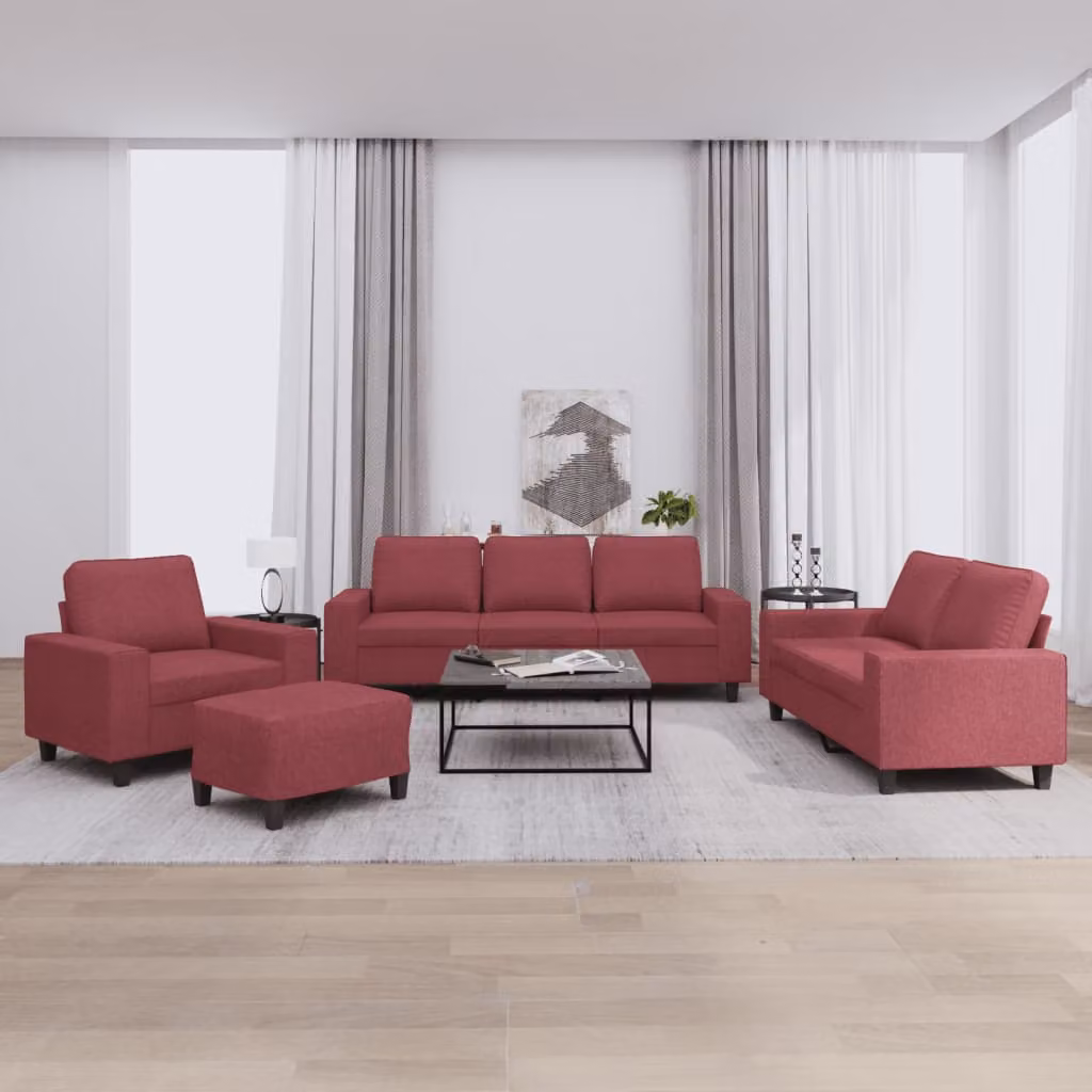 Set di divani vidaXL 4 pezzi in tessuto rosso per soggiorno con pouf e cuscini – 1