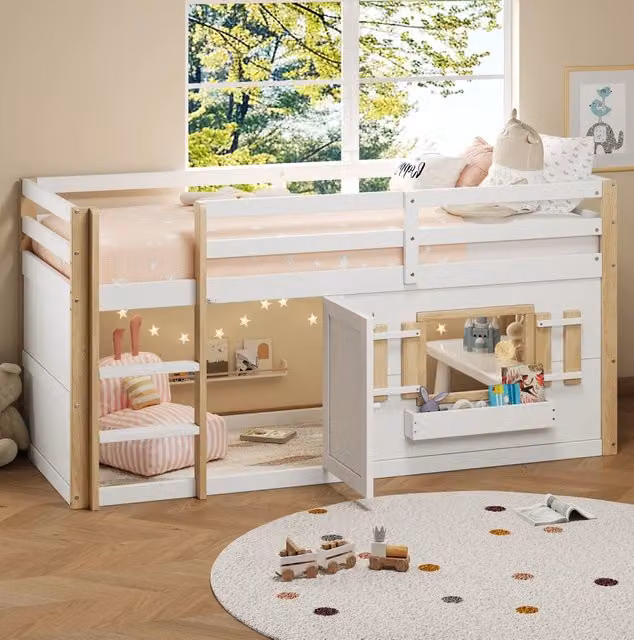 Letto a castello per bambini 90x200 cm in legno massiccio e MDF; bianco; con rete a doghe