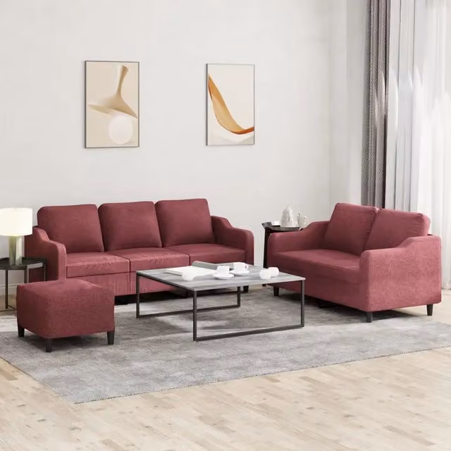 Set di divani 3 pezzi vidaXL in tessuto rosso con pouf e cuscini per soggiorno in stile moderno