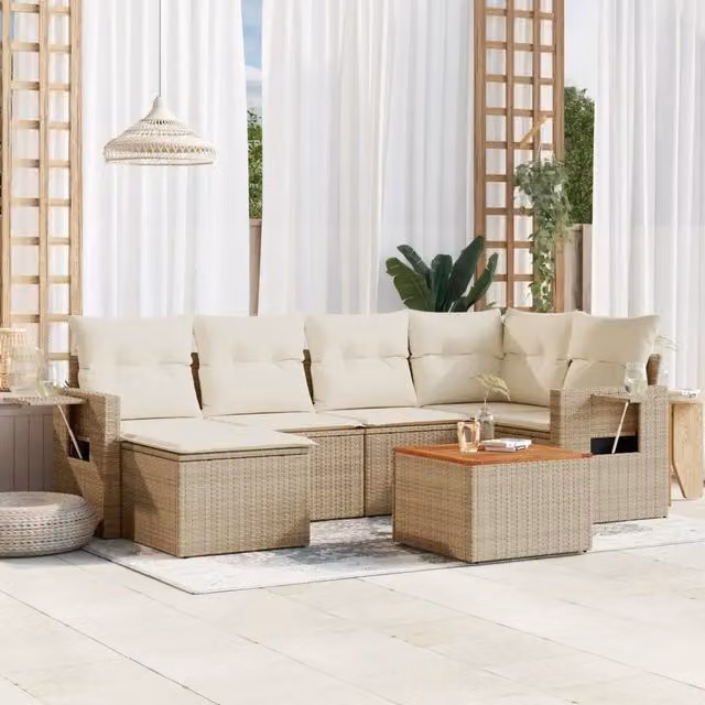Set Divani da Giardino 7 pz con Cuscini Beige in Polyrattan 3256996