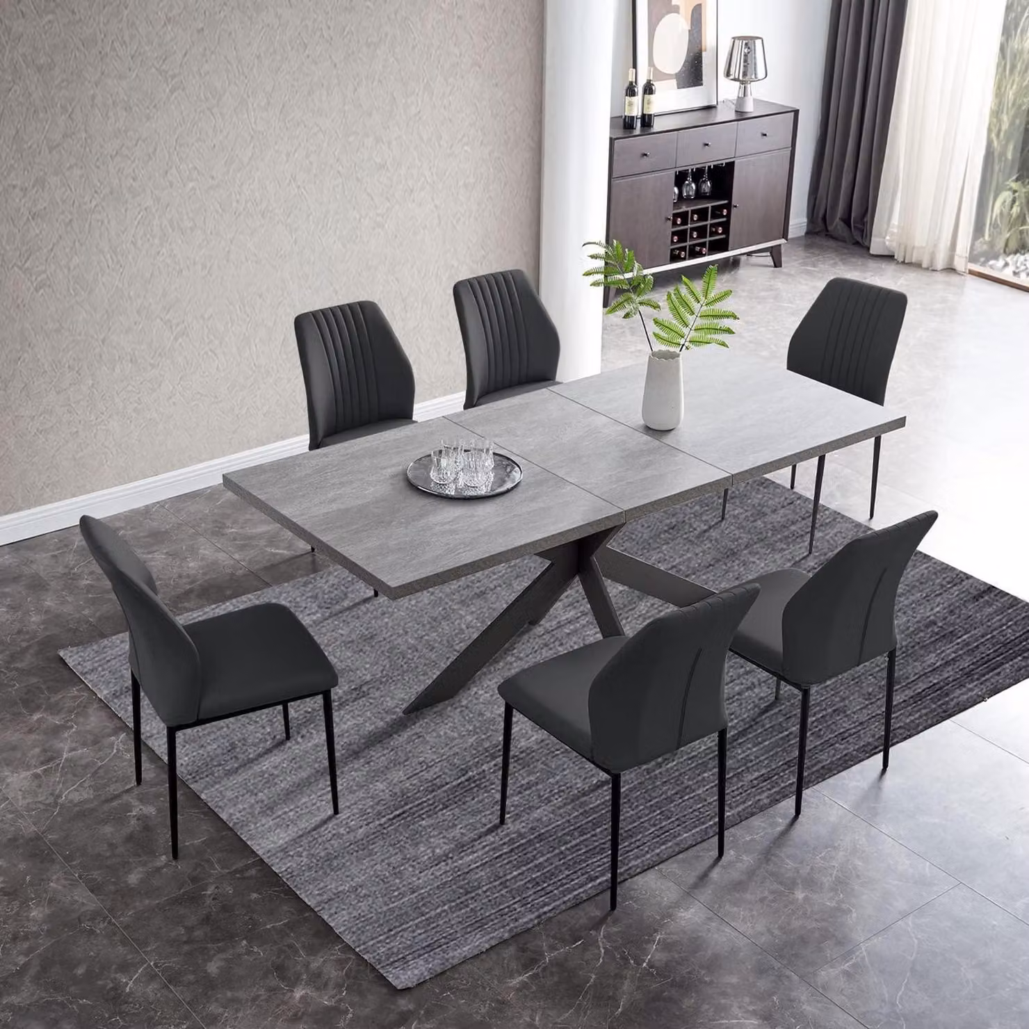 Tavolo allungabile con 6 sedie, tavolo moderno in MDF grigio, dimensioni 130-170 cm + 6 sedie nere