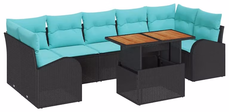 Set da giardino composto da 8 pezzi, colore nero, realizzato in rattan sintetico