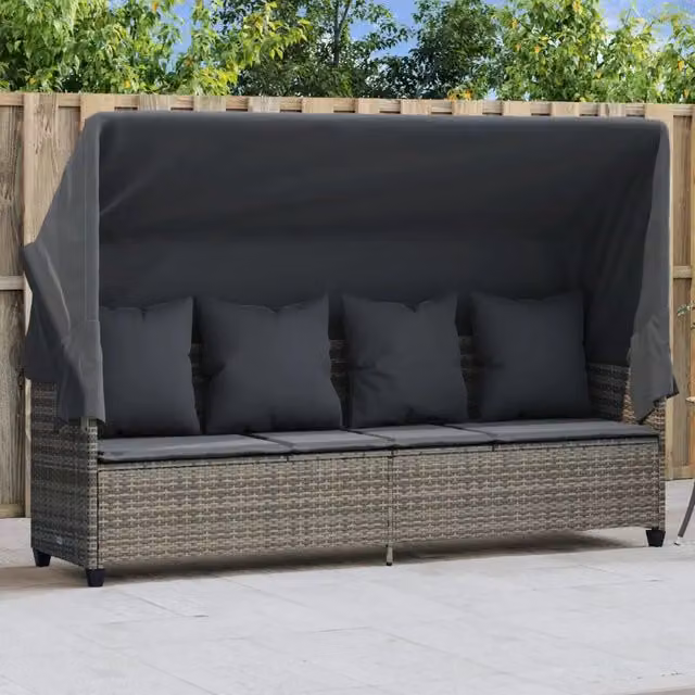 Lettino Prendisole con Baldacchino e Cuscini Grigio Polyrattan 368355