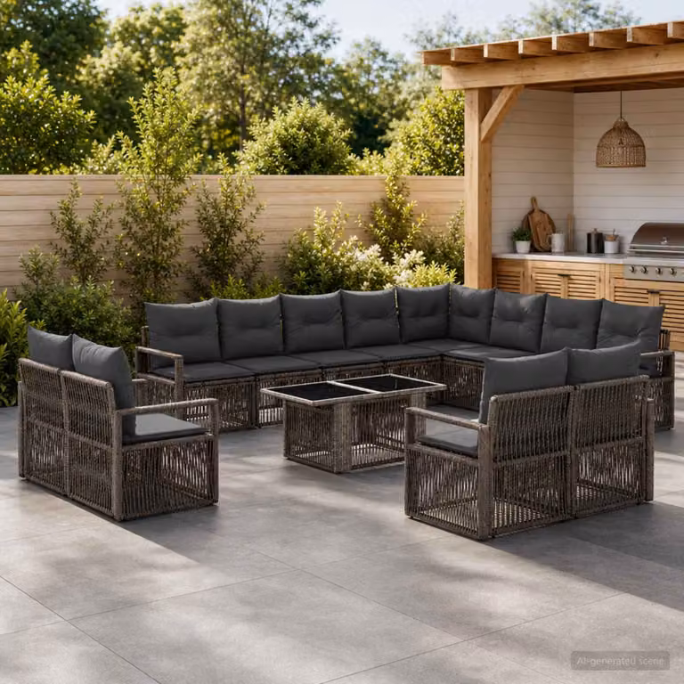 Set Divano da Giardino vidaXL 13 pz a forma di U in Polyrattan Grigio e Antracite con Cuscini e Tavolino