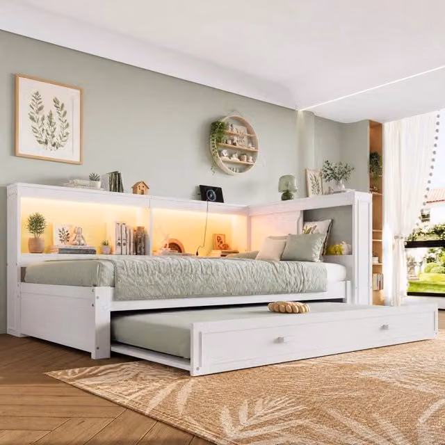 Divano letto Daybett 90x200 cm con letto estraibile, LED, presa, 1 USB e 1 Type-C, bianco, senza materasso