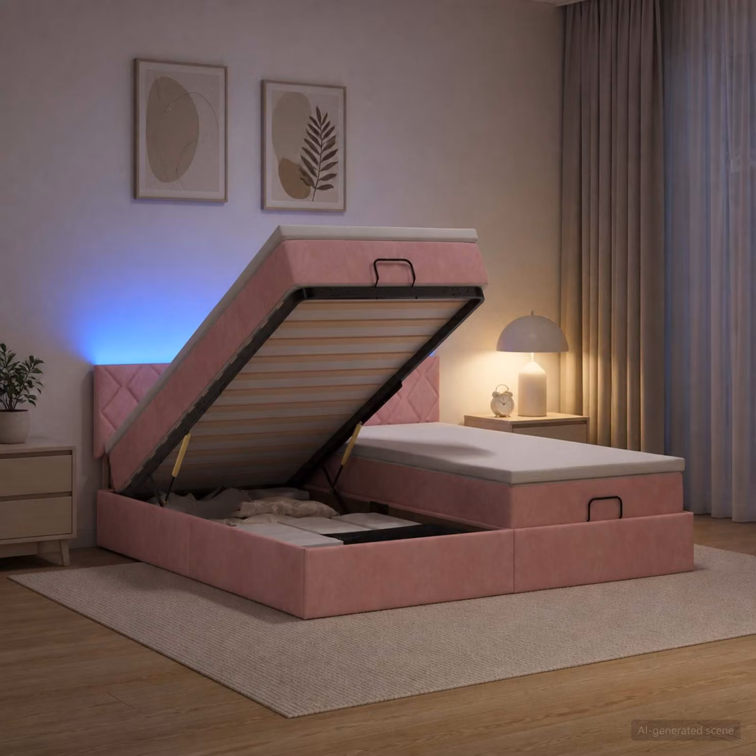 Letto Ottomano vidaXL con Materasso e Illuminazione LED in Velluto Rosa e Bianco L: 200 cm, P: 200 cm, H: 88 cm