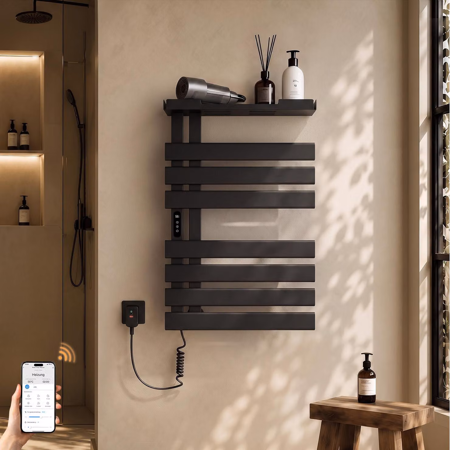 S'AFIELINA Scaldasalviette Elettrico con Ripiano 760×500 mm 253W Nero,Termoarredo WiFi, Riscaldamento in Fibra di Carbonio, 6 Modalità