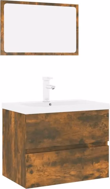 Set di mobili da bagno moderno con mobile lavabo e armadietto specchio in legno rovere e finitura opaca, colori marrone e bianco, L: 60,0 cm, P: 38,5 cm, H: 45,0 cm