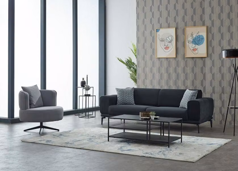 Couchgarnitur Polstersofa Dreisitzer Sessel Schwarz Stoffsofa Set 2tlg