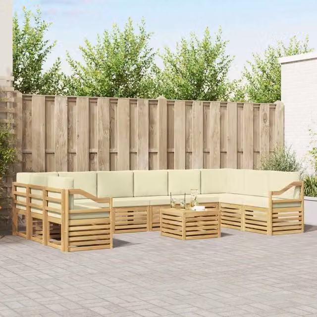Set di divani da esterno vidaXL a forma di L composto da 11 pezzi con tavolo da caffè, in legno di acacia e tessuto bianco e beige